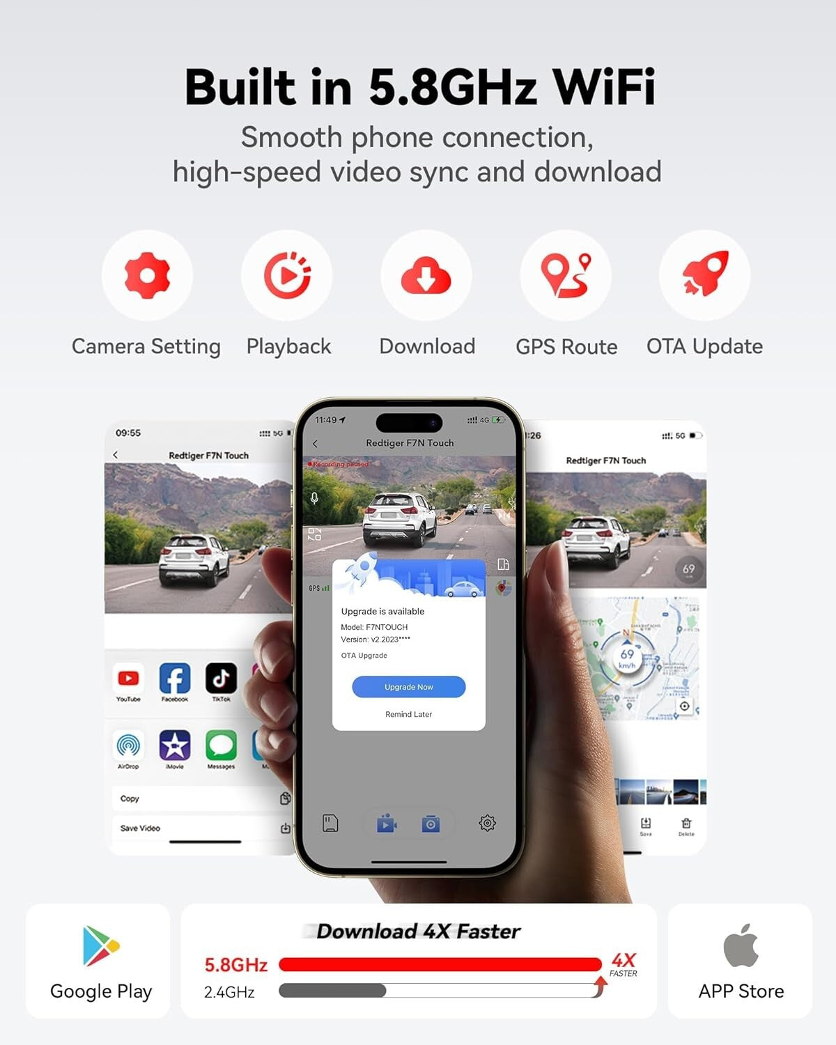 4K Dash Cam Front & Rear with GPS, Touch Screen & Voice Control - 128GB Included