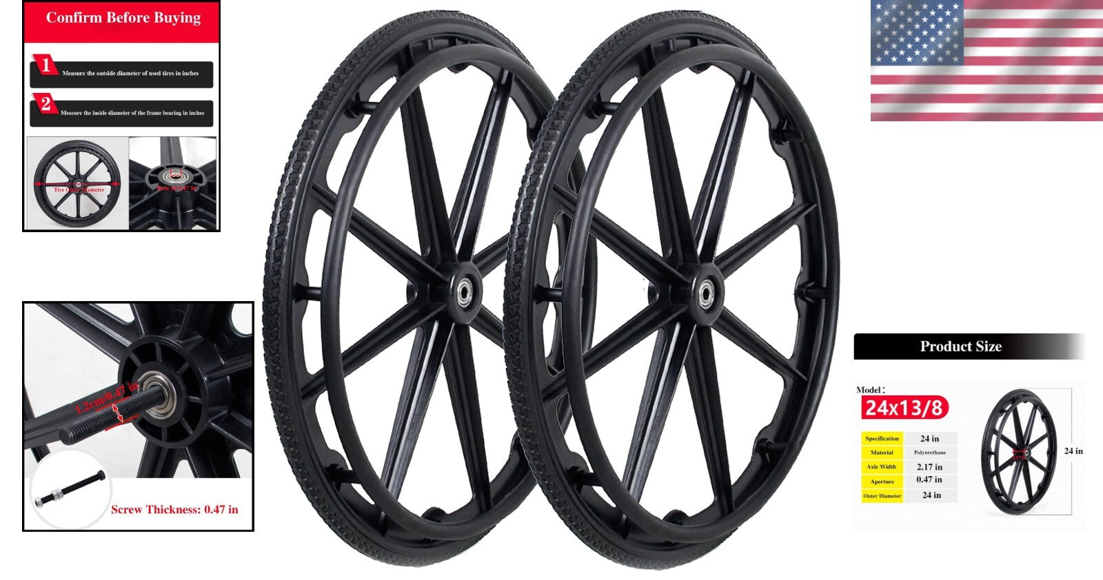 Puncture-Proof 24x1" Wheelchair Rear Wheel Assembly for Self-Propelled Models