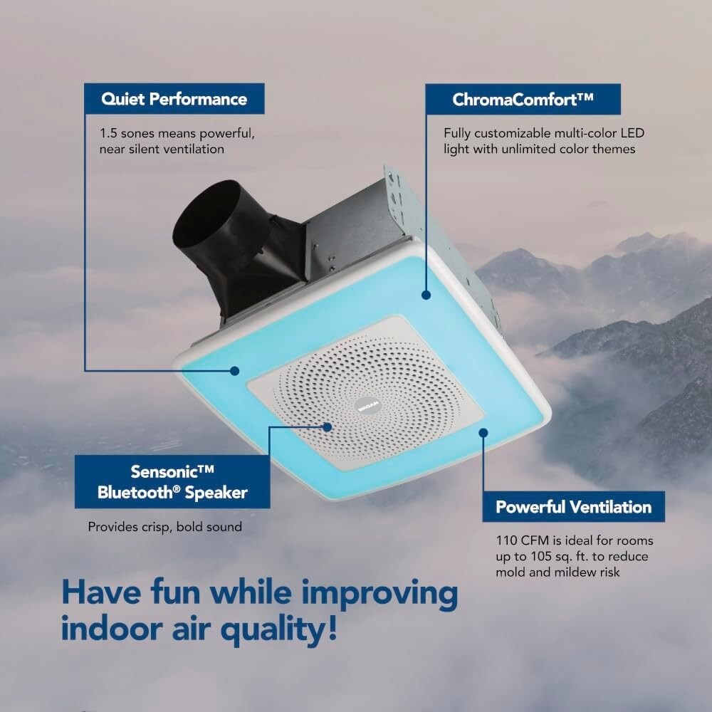 Ultra-Quiet Bathroom Exhaust Fan with Color LED Light & Bluetooth Speaker