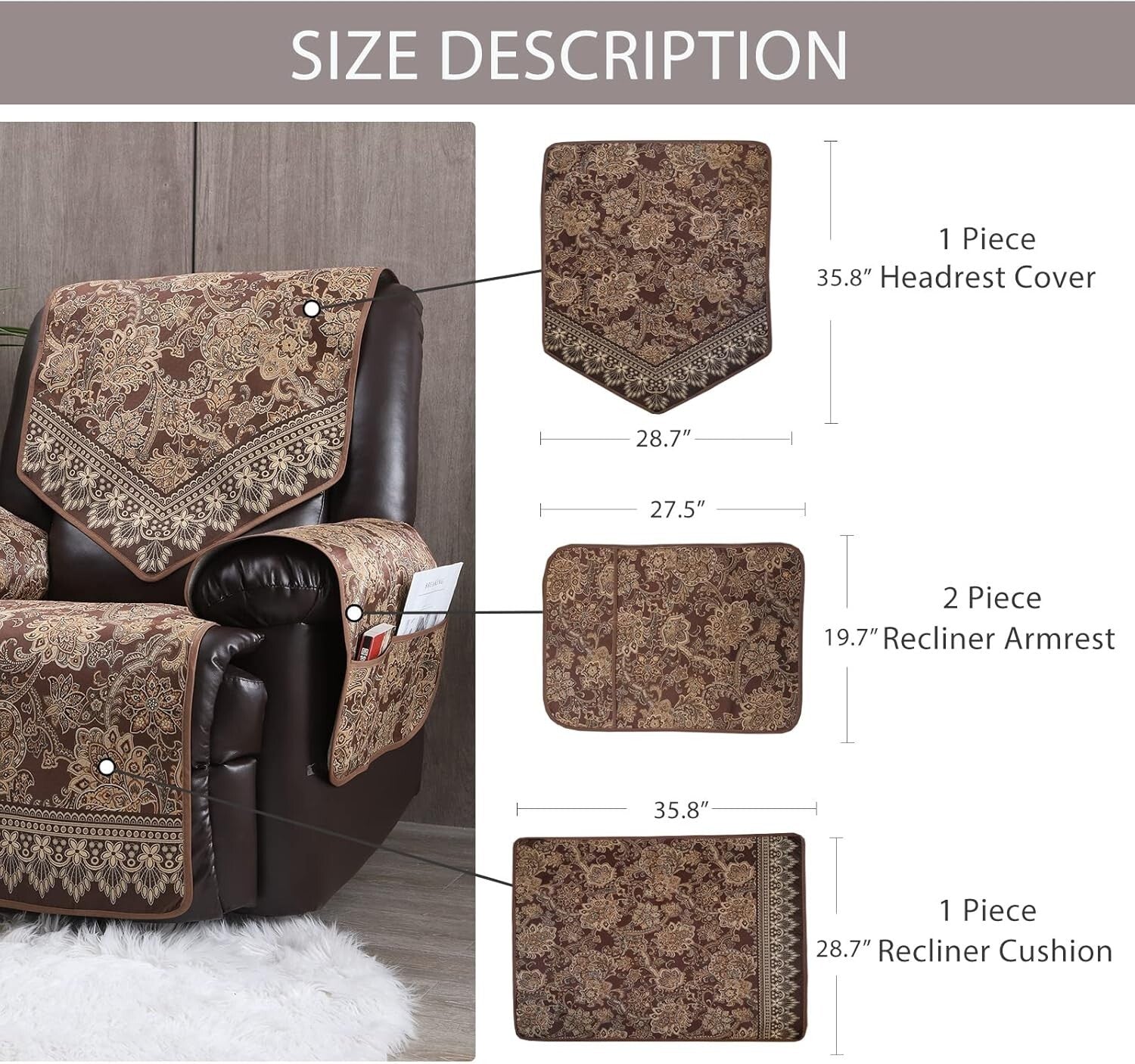 Elegant Waterproof Recliner Chair Covers with Non-Slip Design & Pockets - Brown