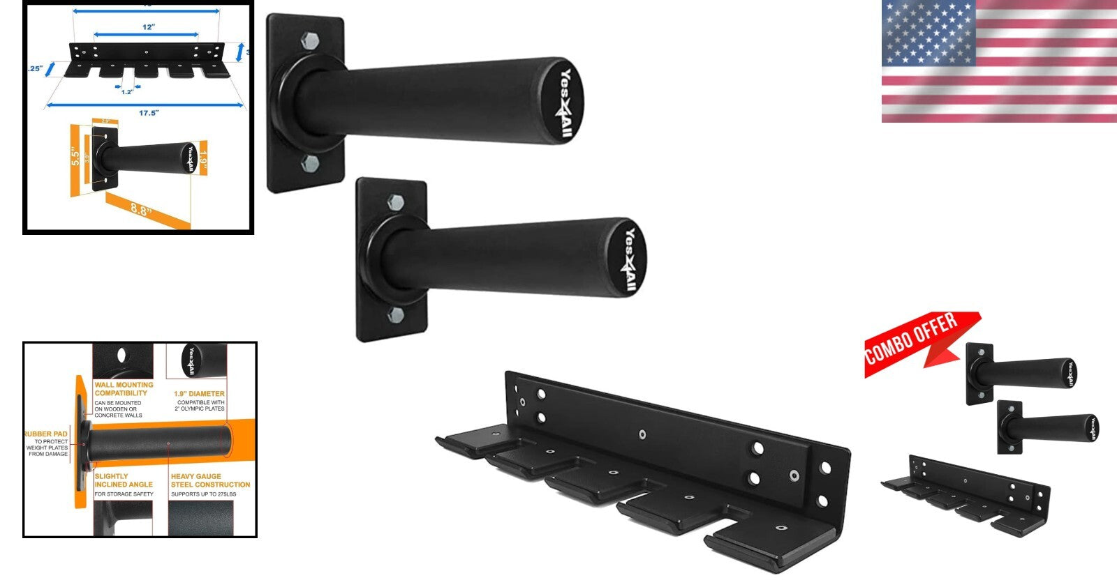 Compact Olympic Weight Plate Holder with Heavy-Duty Wall Mount - 550lb Capacity