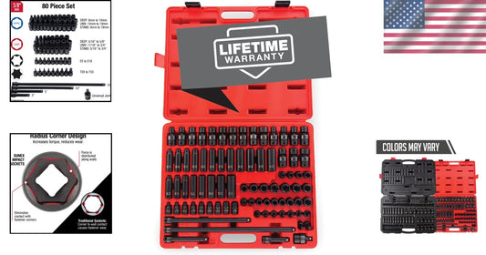 Durable 3/8 Drive Impact Socket Set - 80 Pieces, SAE/Metric with Universal Joint