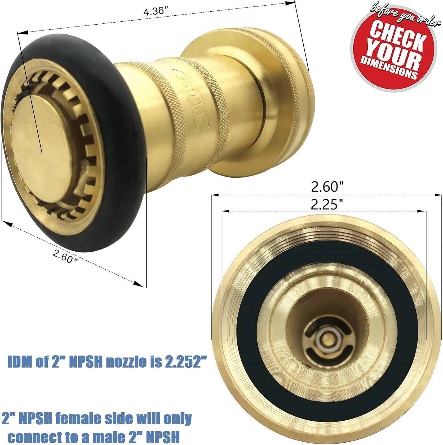 2" NPSH Brass Fire Nozzle with Fog & Stream Control for Industrial Use
