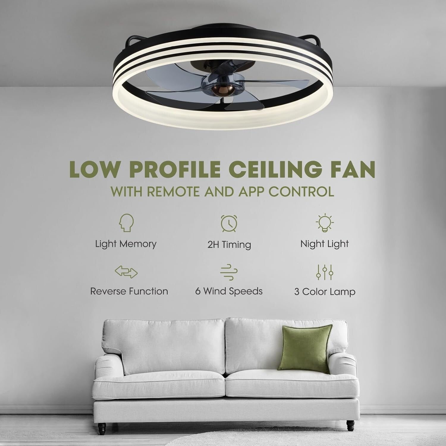 Dimmable LED Flush Mount Ceiling Fan with 6 Speeds & Remote Control - 20" Black