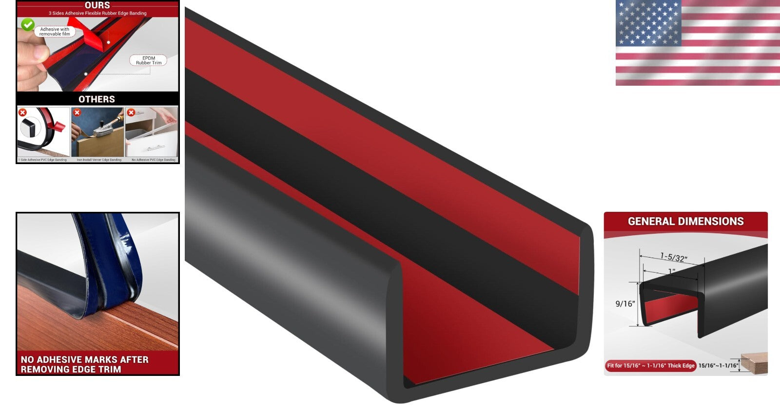 Durable Rubber U Channel Edge Protector - 20ft Black Trim for Tables & Cabinets