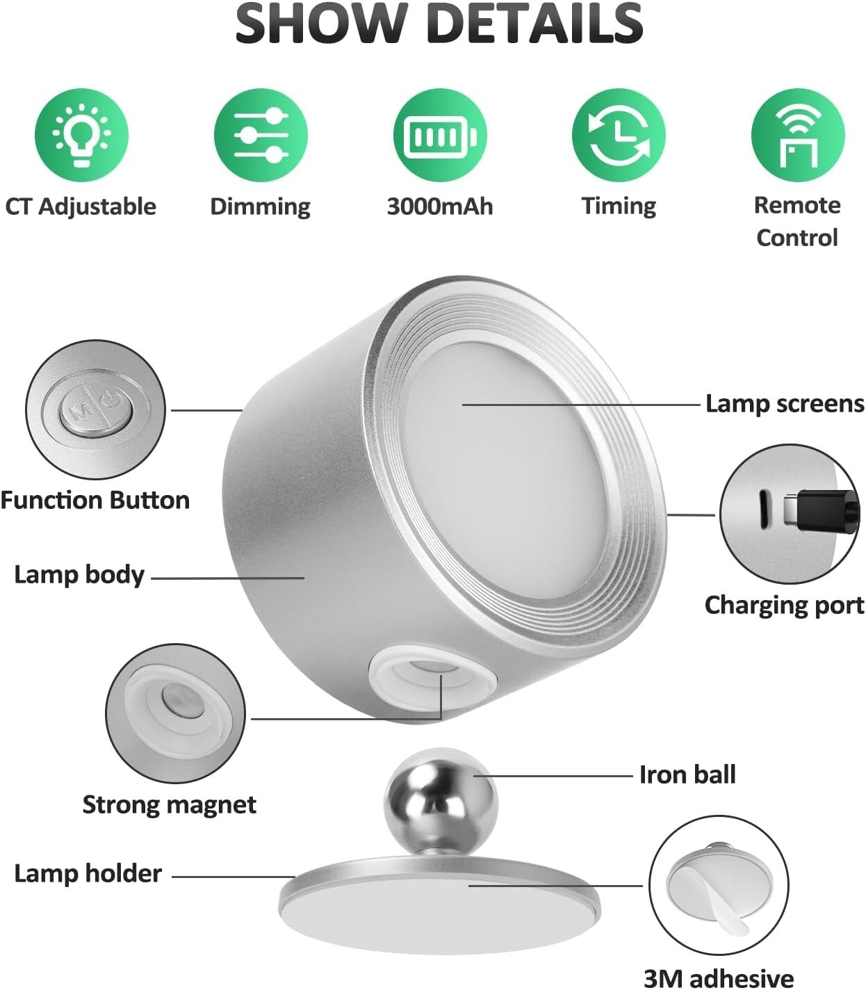 Battery Operated LED Wall Lights with Magnetic Rotation - Dimmable & 3 Colors