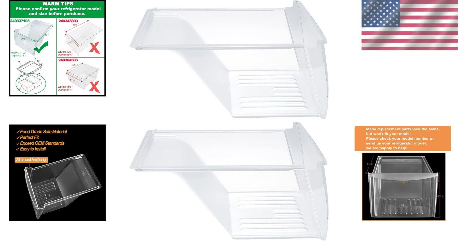Durable 2-Pack Refrigerator Crisper Drawers - Frigidaire & Kenmore Compatible