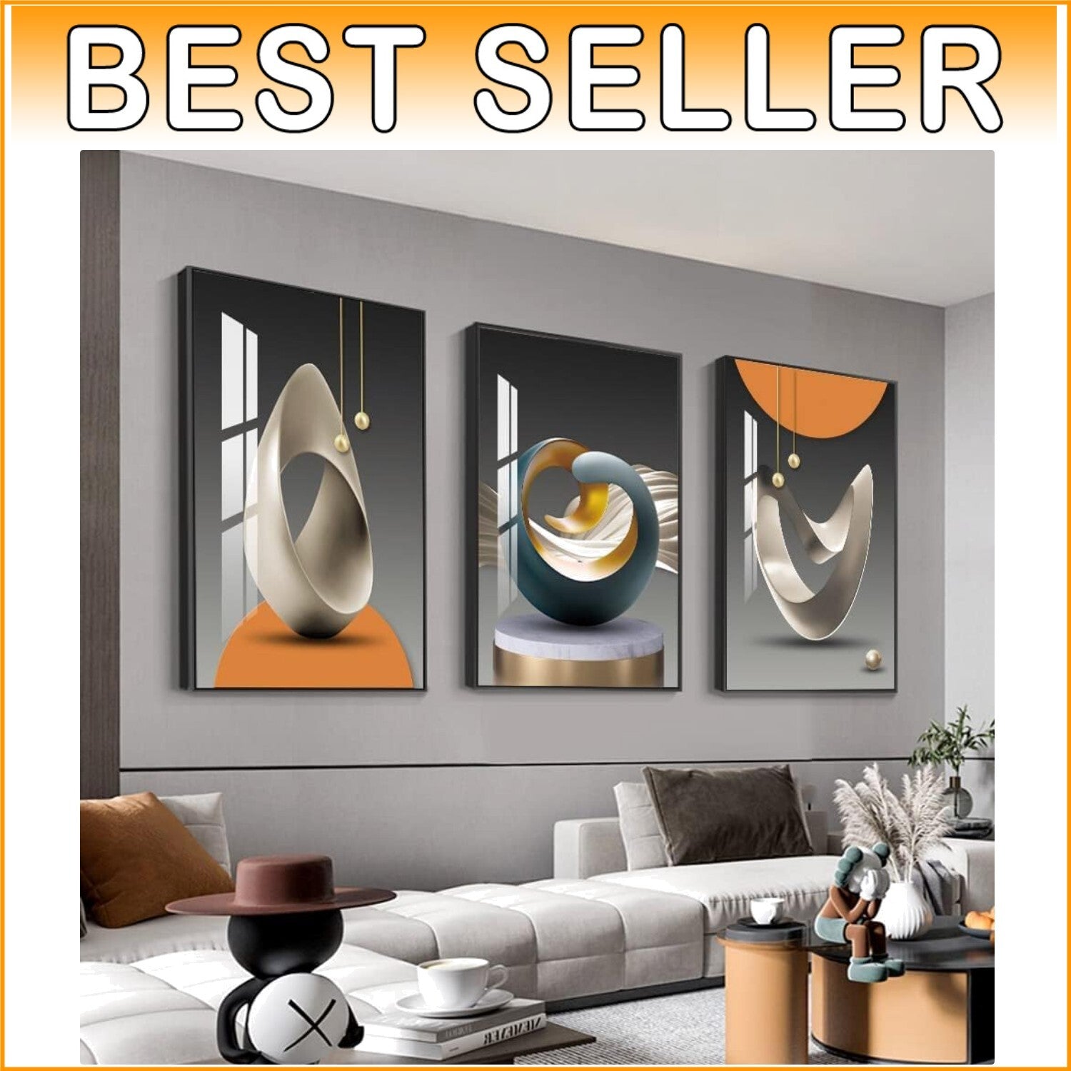 Framed Abstract Wall Art Trio - 24x32 Panels in Blue & Yellow for Home Decor