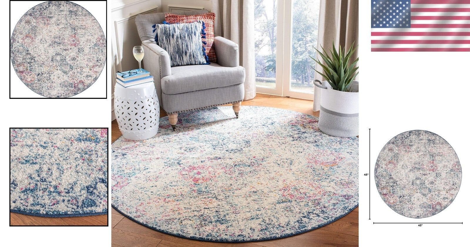 4' Round Navy/Teal Boho Floral Medallion Rug - Stain Resistant & Non-Shedding