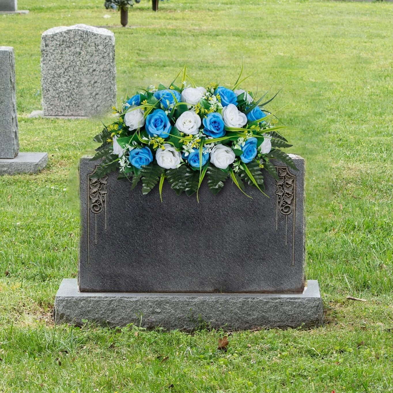 Elegant Artificial Cemetery Flowers Saddle - Light Blue & White Rose Decor