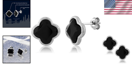 Elegant 18K Gold Plated Sterling Silver Flower Clover Black Onyx Stud Earrings