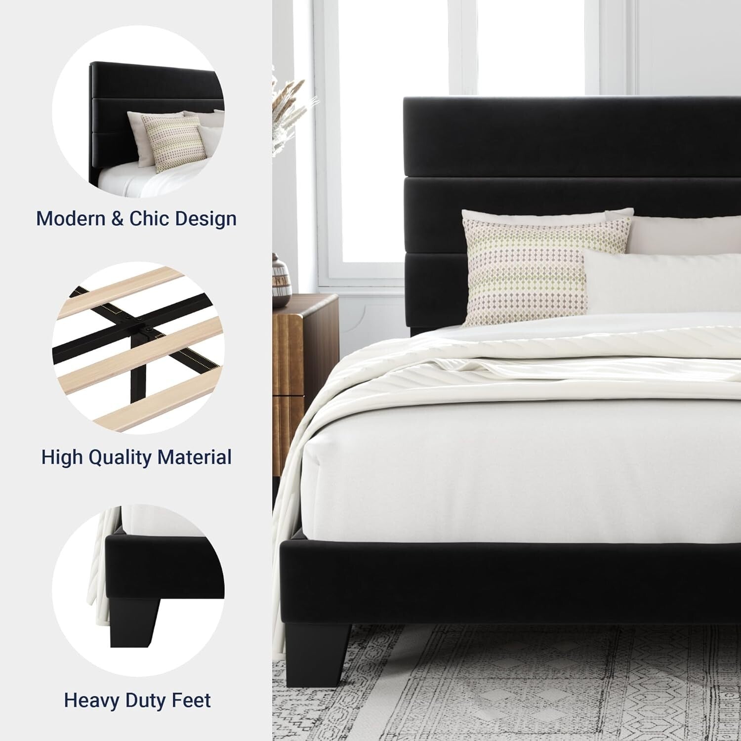 Luxury King Size Velvet Upholstered Platform Bed Frame - Easy Assembly | Black