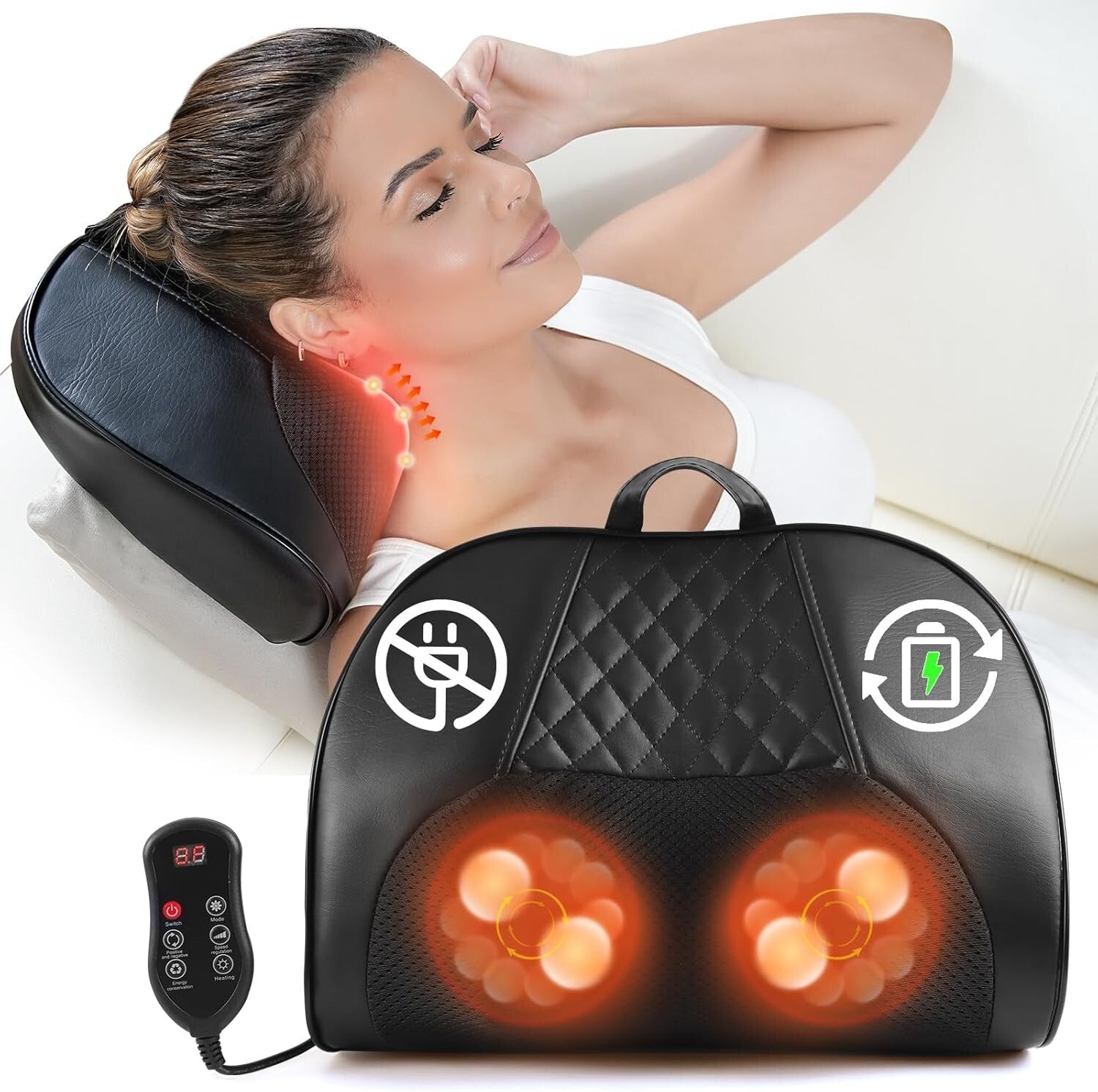 Cordless Rechargeable Neck and Back Massager with Heat - Shiatsu Therapy Relief