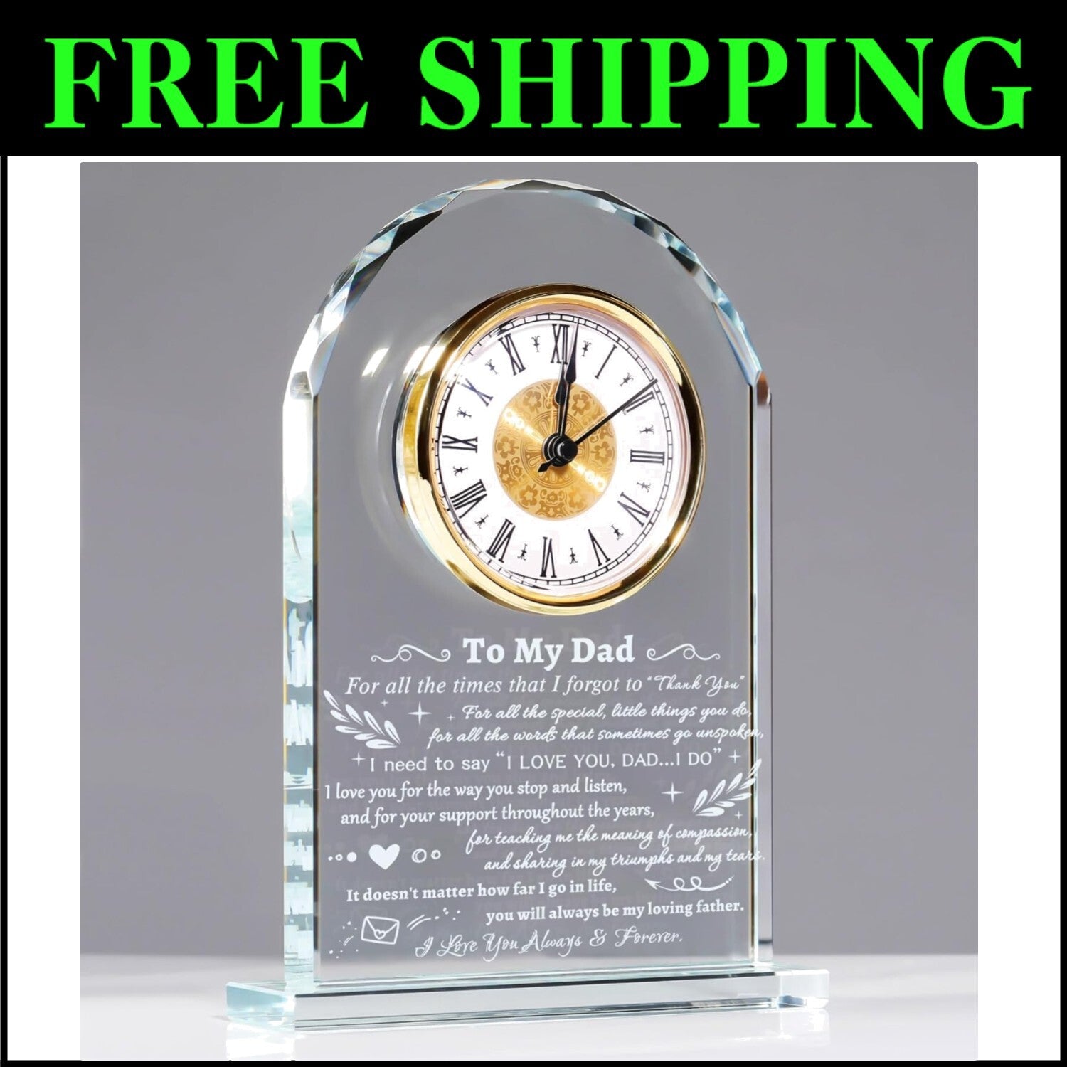 Elegant Quartz Clock with Meaningful Quote - Framed Glass Gift for Fathers