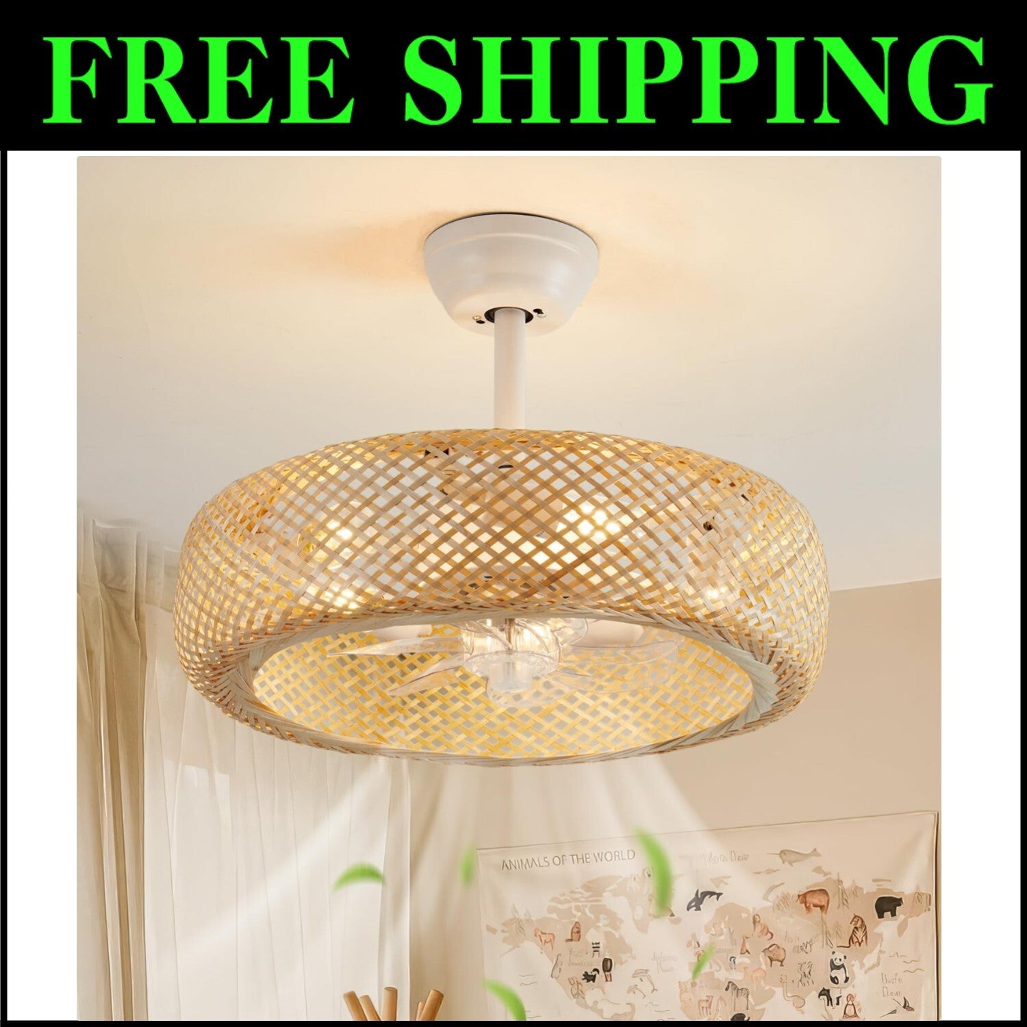 Stylish 20" Boho Rattan Caged Ceiling Fan with Remote Control - Flush Mount