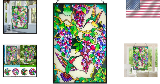 Unique 10" W x 15" H Hummingbird Stained Glass with Hanging Chain - Ideal Gift