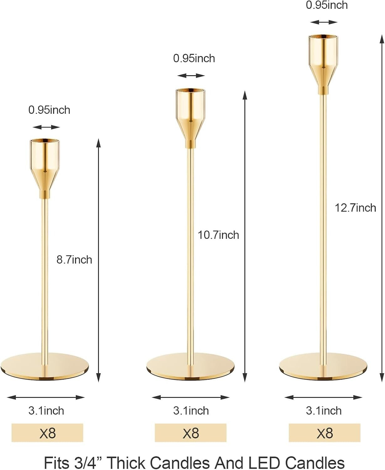 Multi-Height French Gold Candle Holders Set of 12 - Ideal for Home and Events