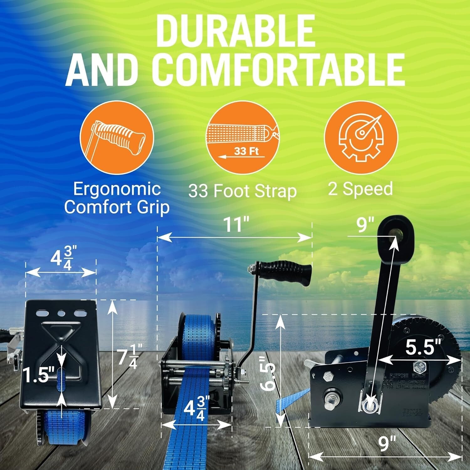 Versatile 2000 lbs Boat Winch - Manual Hand Crank with Premium Strap & Hook