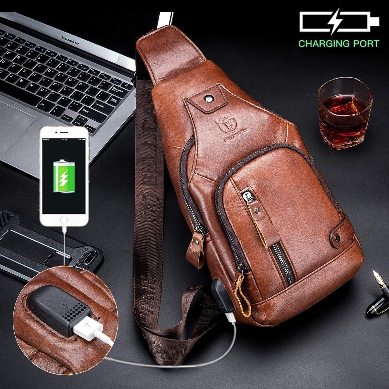 Compact Chest Bag for Men - Genuine Leather with USB Charging & Multi-Pockets