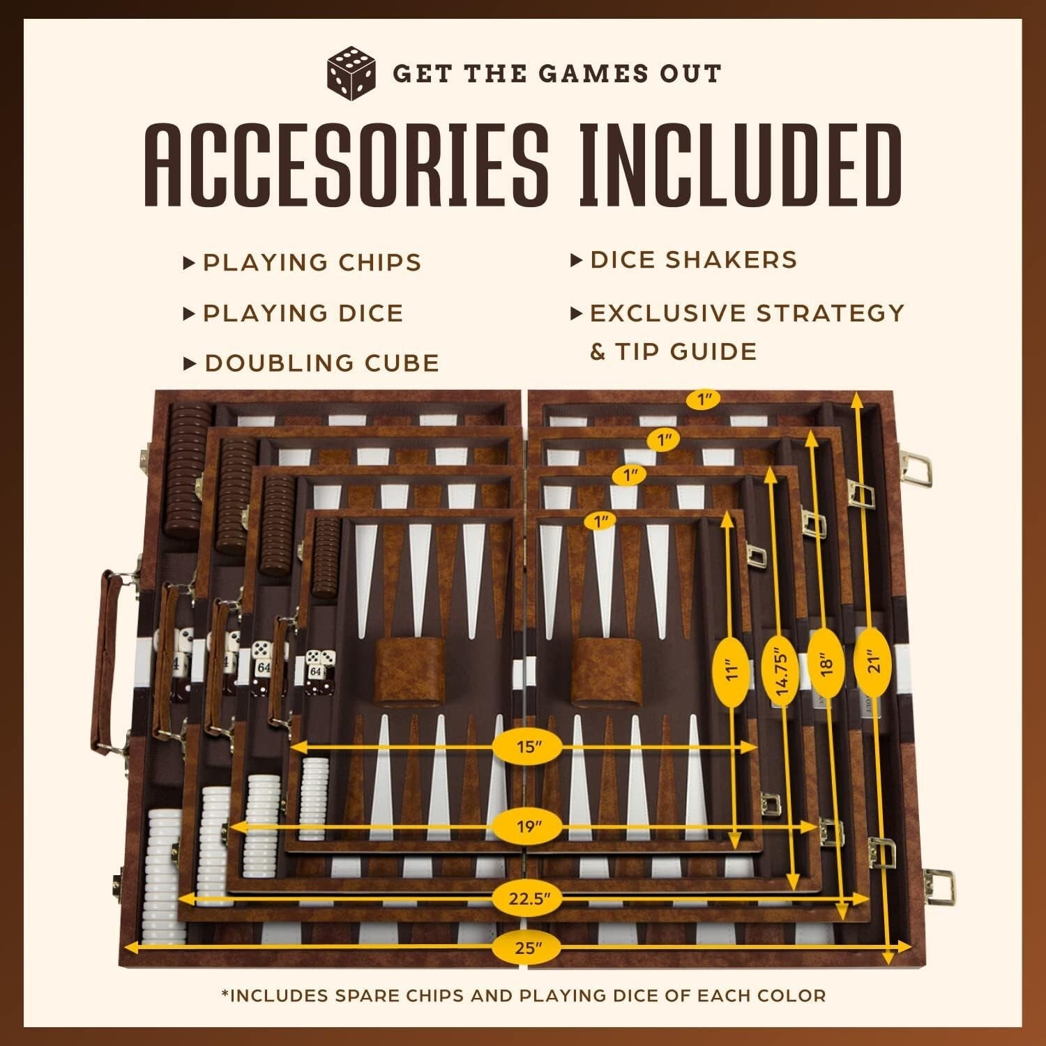 Compact Backgammon Set with Spare Chips – Travel-Ready Brown Leatherette Case