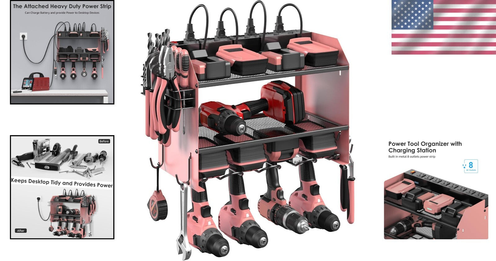 Heavy-Duty Power Tool Storage Shelf with Hooks and Built-in Charging Station