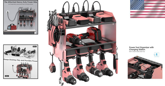 Heavy-Duty Power Tool Storage Shelf with Hooks and Built-in Charging Station