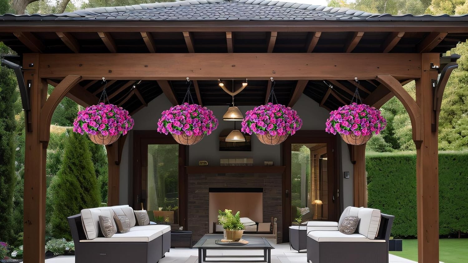 Elegant Faux Silk Petunias in Coconut Basket - Indoor/Outdoor Hanging Flowers