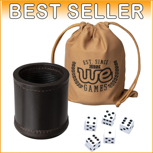 Handmade Luxury Dark Brown Leather Dice Cup Set with 5 Dice & Carry Bag