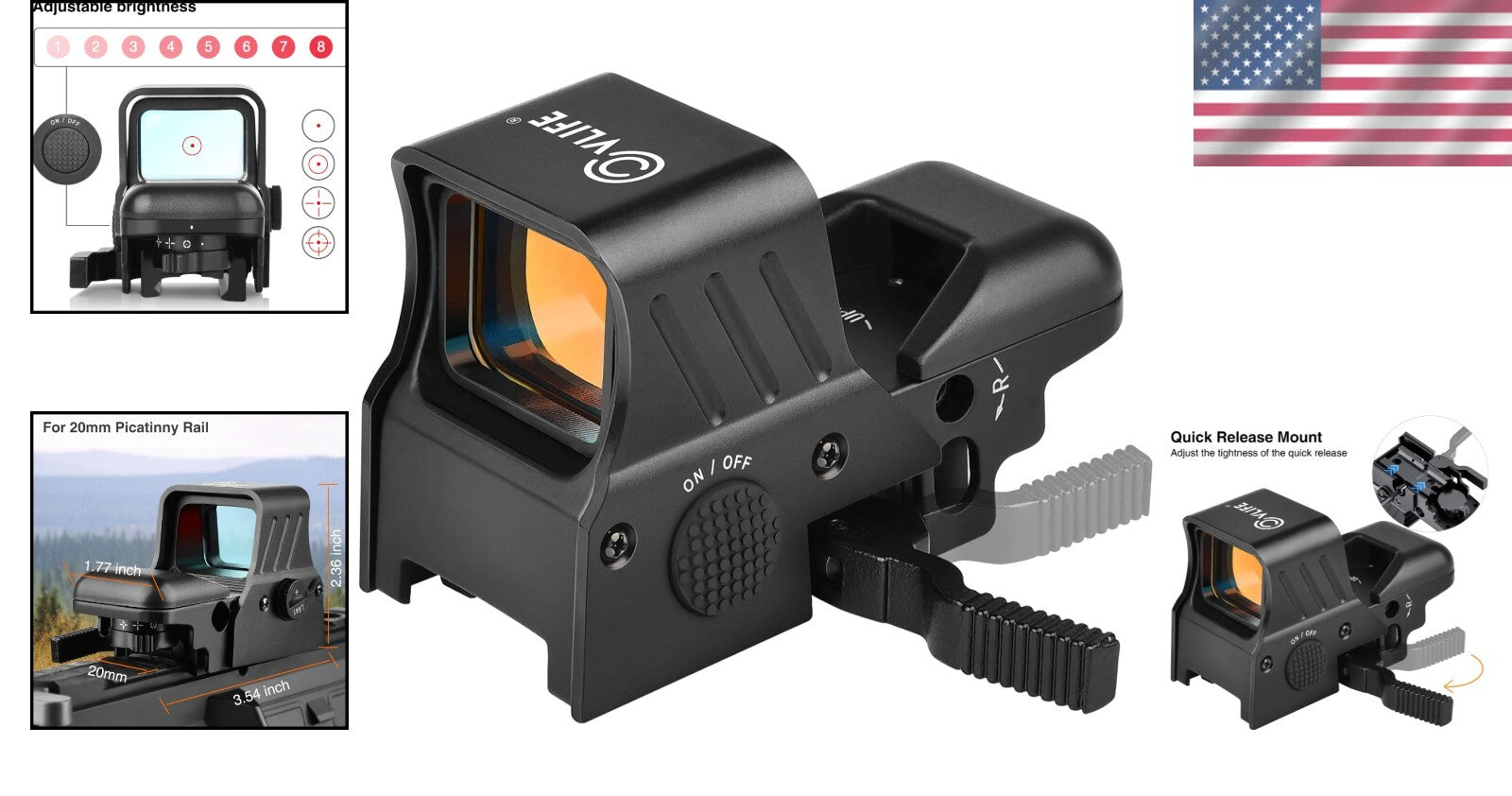 Quick-Detach Picatinny Red Dot Sight with Multiple Reticle System for Hunters