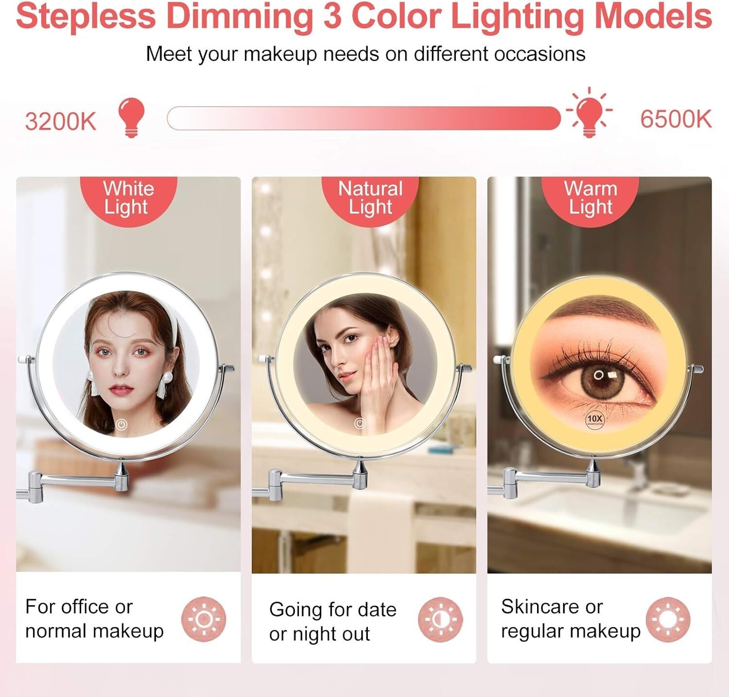 Double-Sided 8-Inch Wall-Mounted Mirror with 10X Magnification - Polished Silver