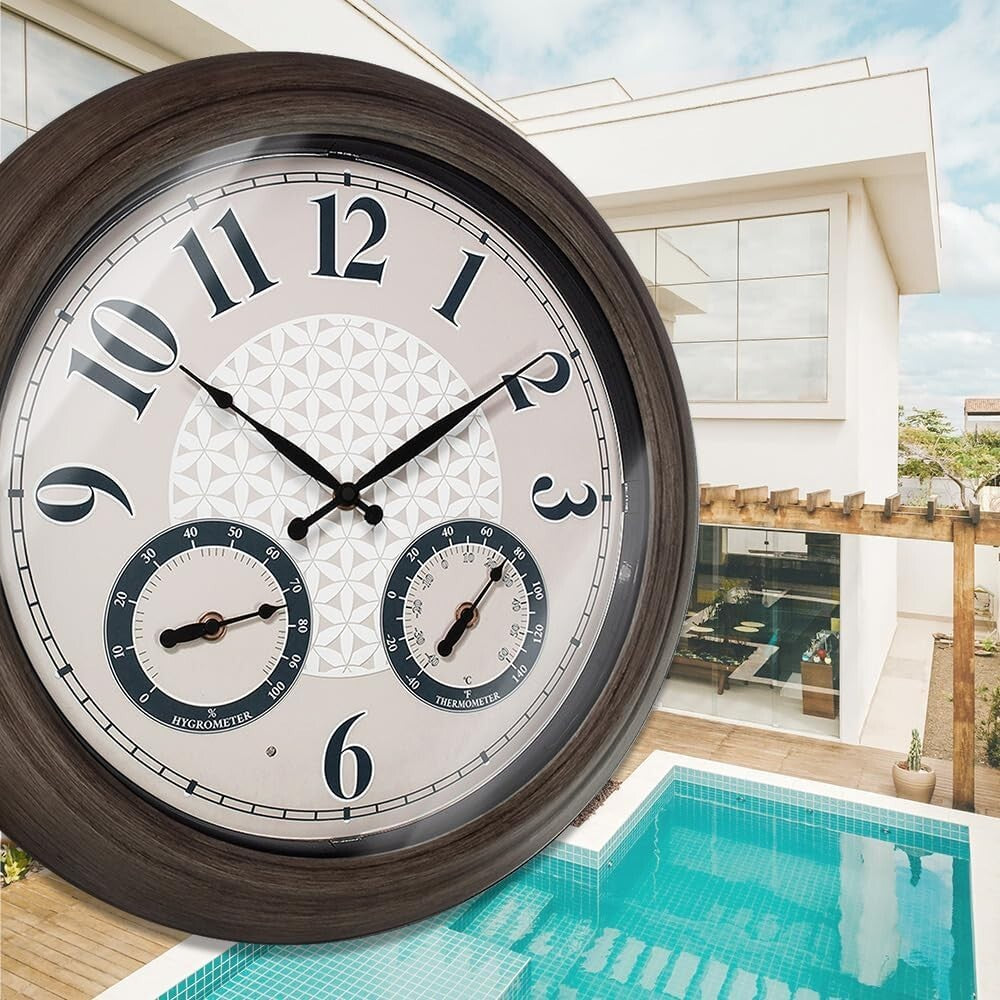 Elegant 18 Inch Illuminated Outdoor Clock with Thermometer - Grey Oak Finish