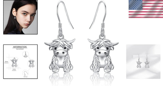 925 Sterling Silver Highland Cow Dangle Earrings - Unique Cow Jewelry for Women
