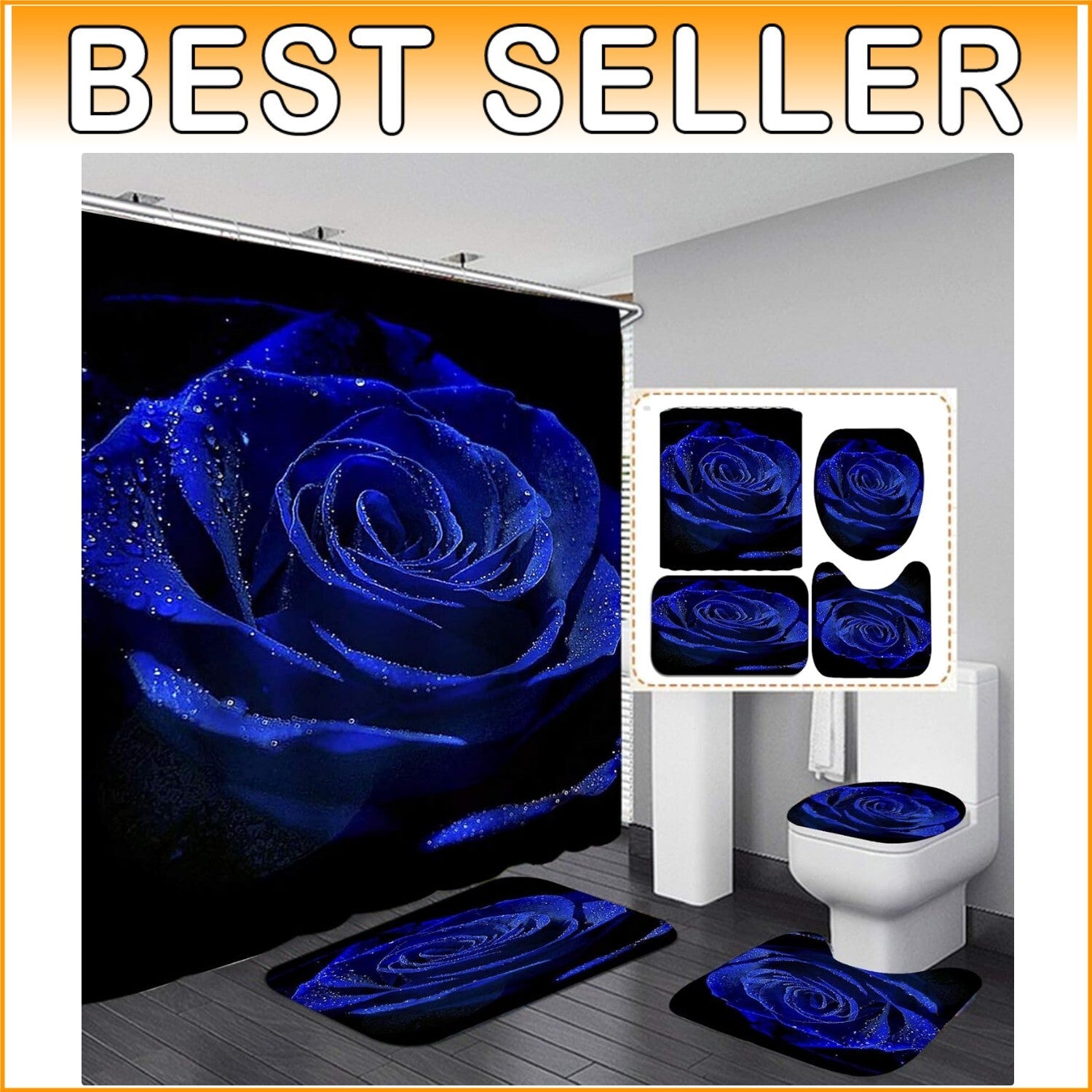 Elegant 4-Piece Floral Shower Curtain Set with Non-Slip Bath Mats - Blue