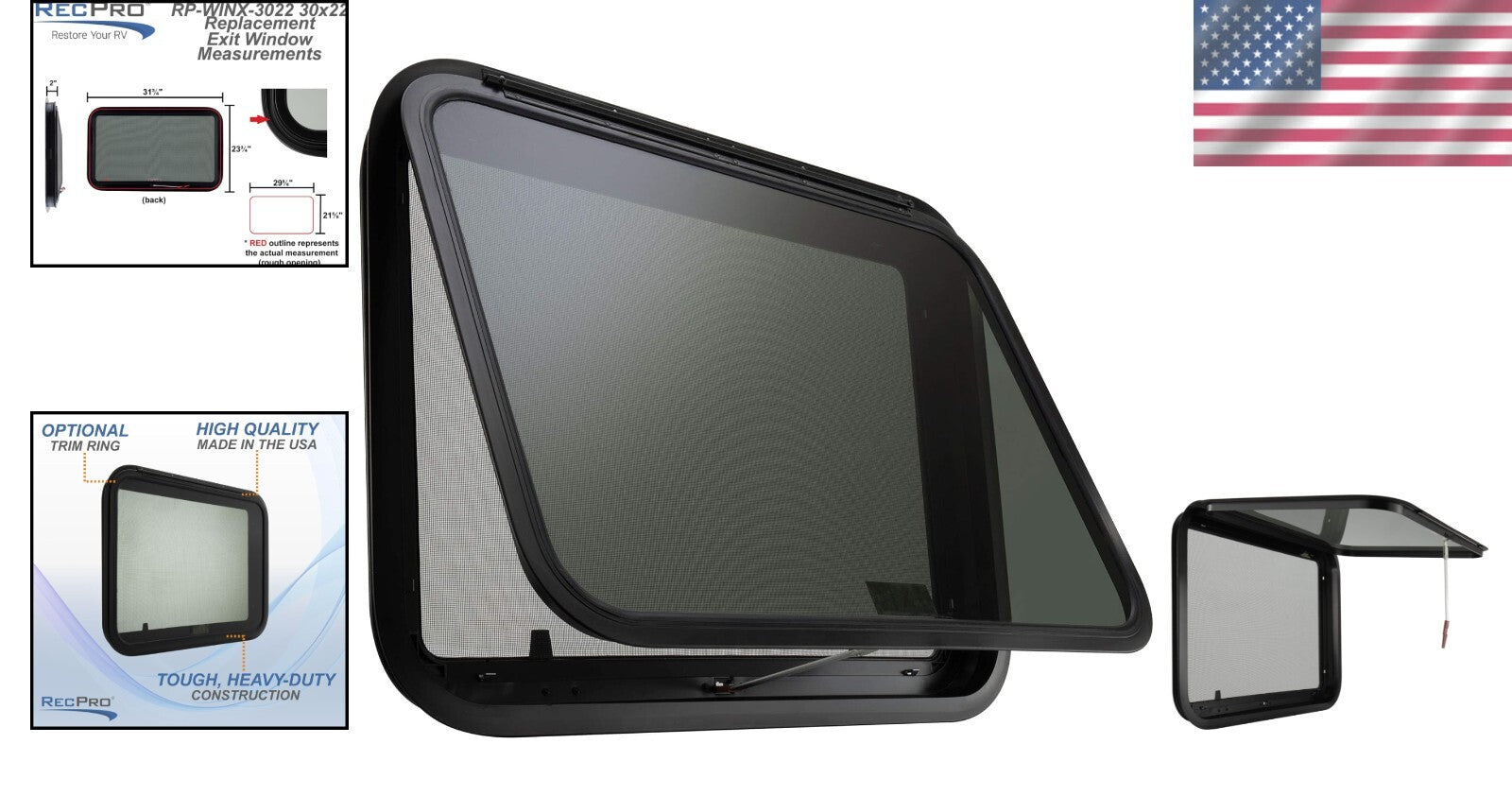 Durable RV Exit Window 30" W x 22" H with Removable Screen & Trim Ring