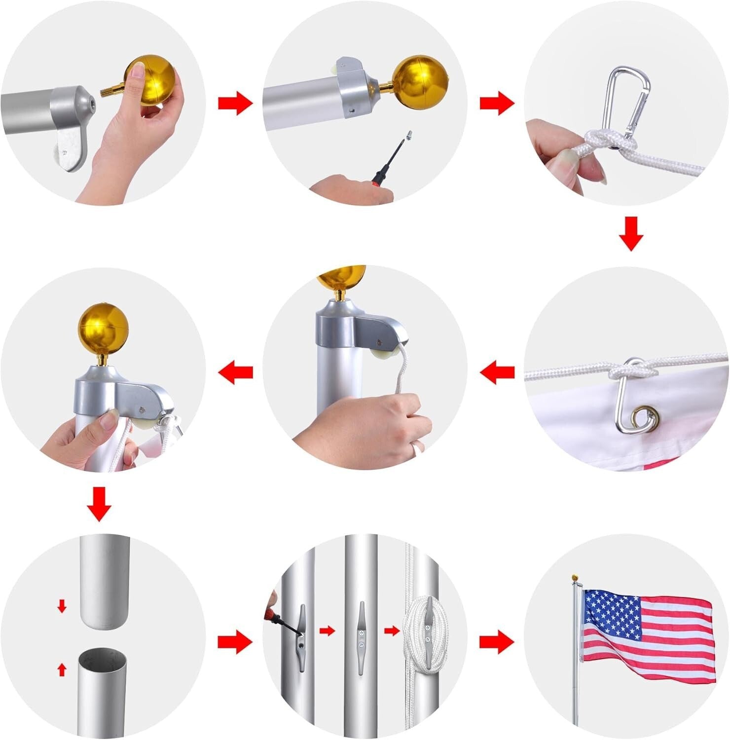 Durable 30FT Aluminum Flagpole with 3'x5' American Flag - Fly 2 Flags Easily