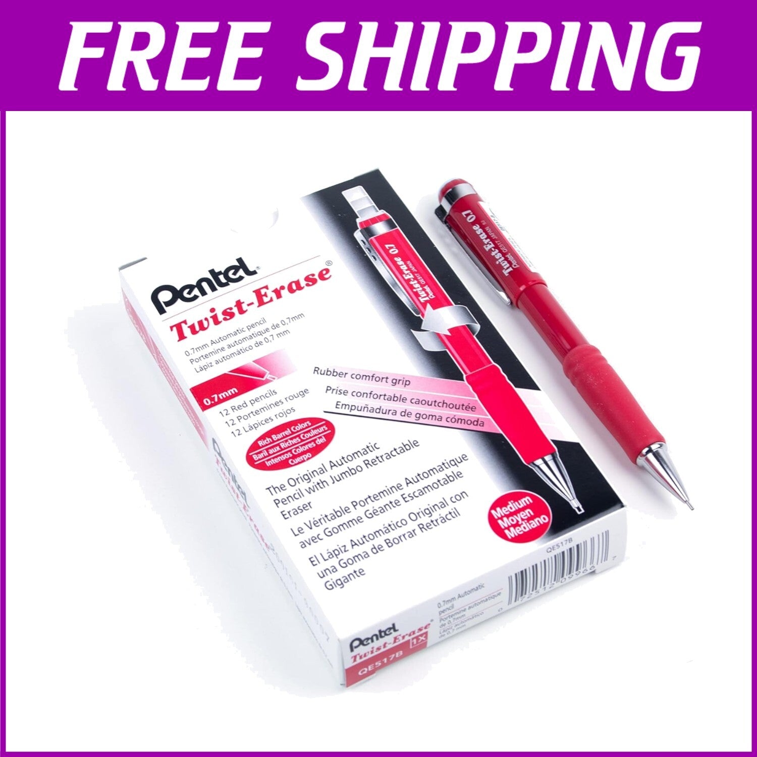 Comfortable 0.7mm Twist-Up Eraser Mechanical Pencil - Pack of 12 Red Barrels