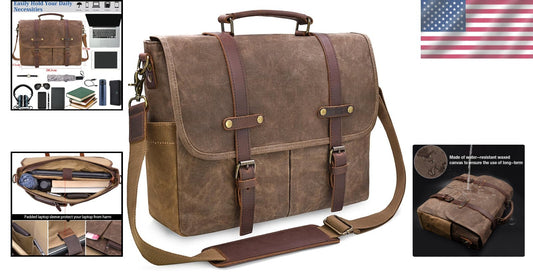 Classic Brown Leather & Canvas Messenger Bag for Work and Travel - 15.6'' Fit