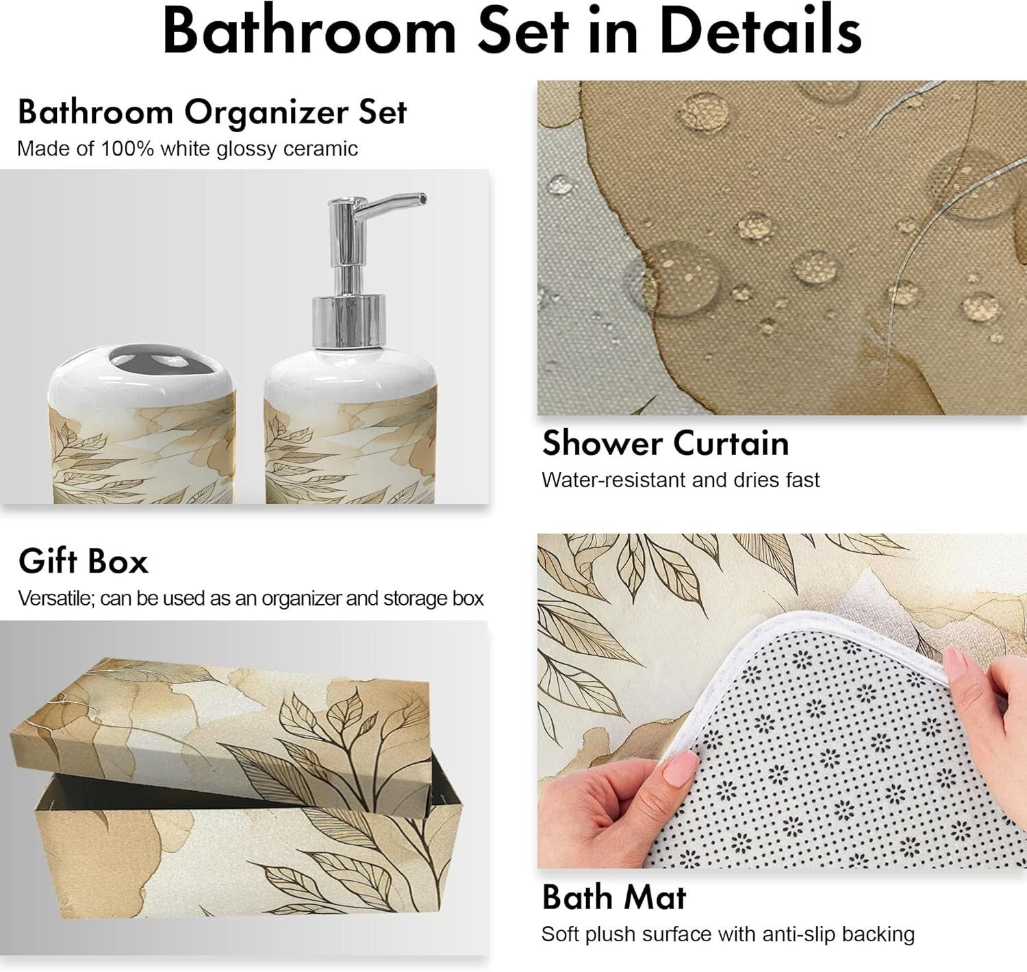 Elegant 4-Piece Bathroom Decor Set with Shower Curtain, Bath Mat, Soap Dispenser