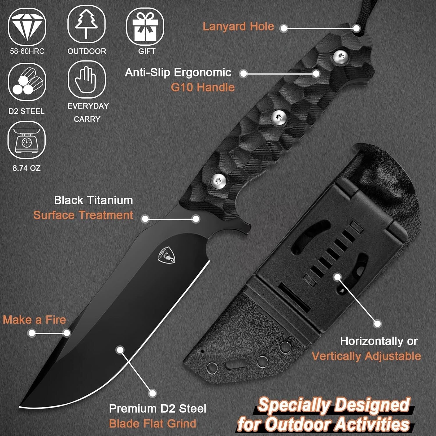G10 Fixed Blade Survival Knife - 10.6" D2 Blade for Camping & Hunting Adventures