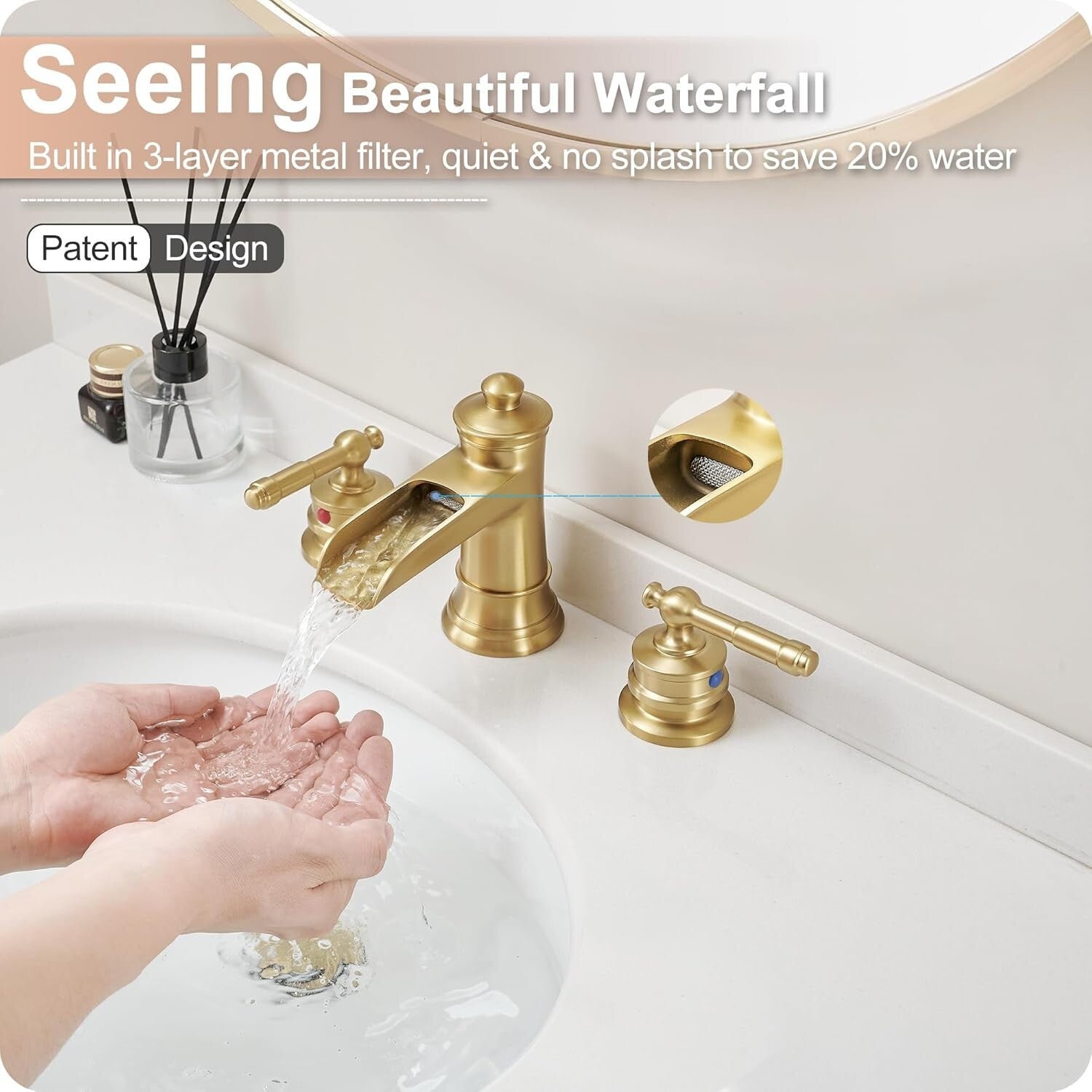 Elegant Gold Bathroom Faucet with Waterfall Spout - 4-16 Inch Widespread Design