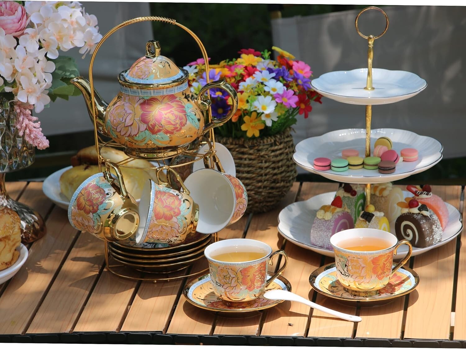 20-Piece European Porcelain Tea Set with Golden Holder - Flower Pattern