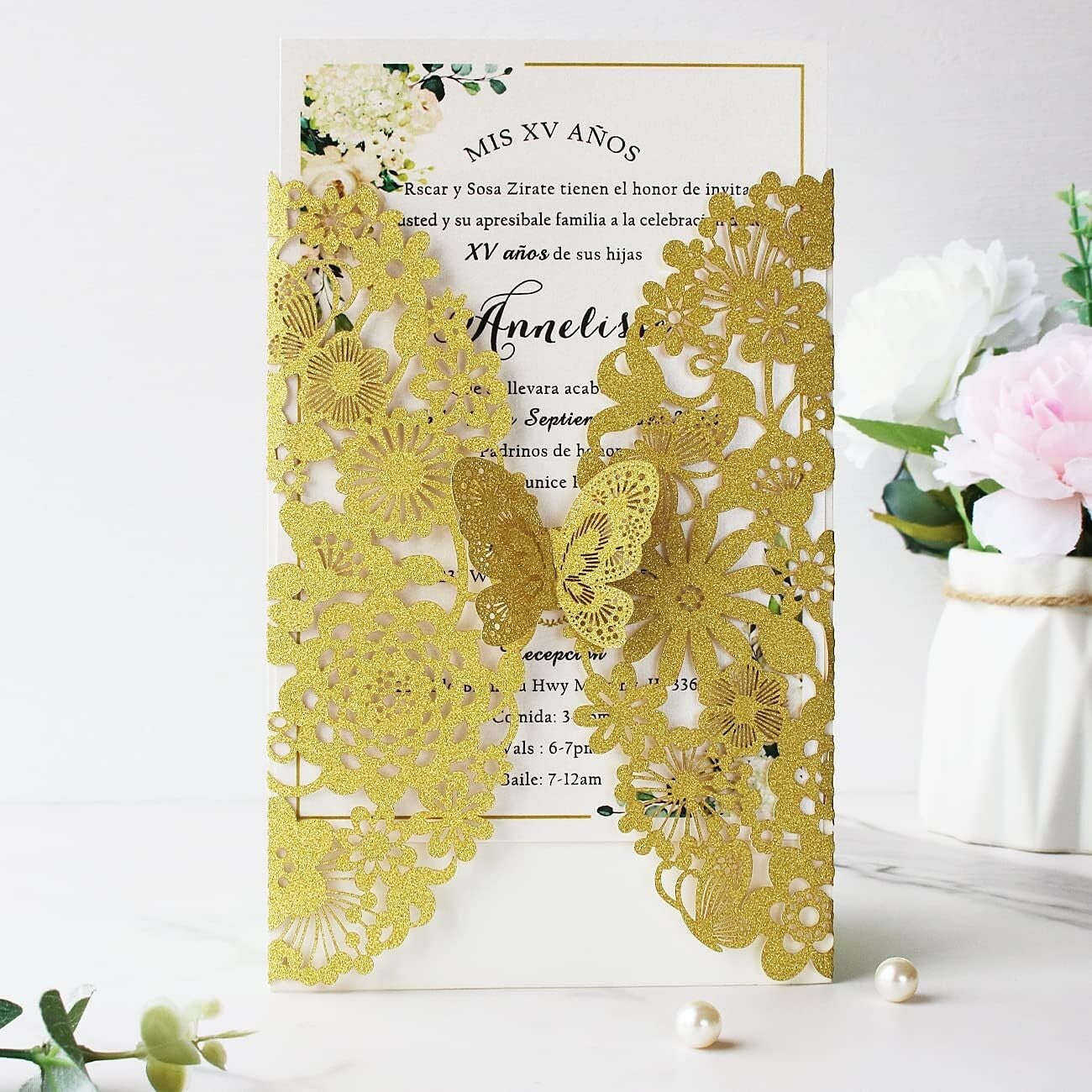 50 PCS Gold Laser Cut Lace Flora Wedding Invitations with Butterfly & Envelopes