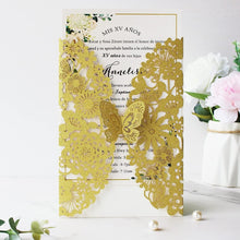 Load image into Gallery viewer, 50 PCS Gold Laser Cut Lace Flora Wedding Invitations with Butterfly &amp; Envelopes