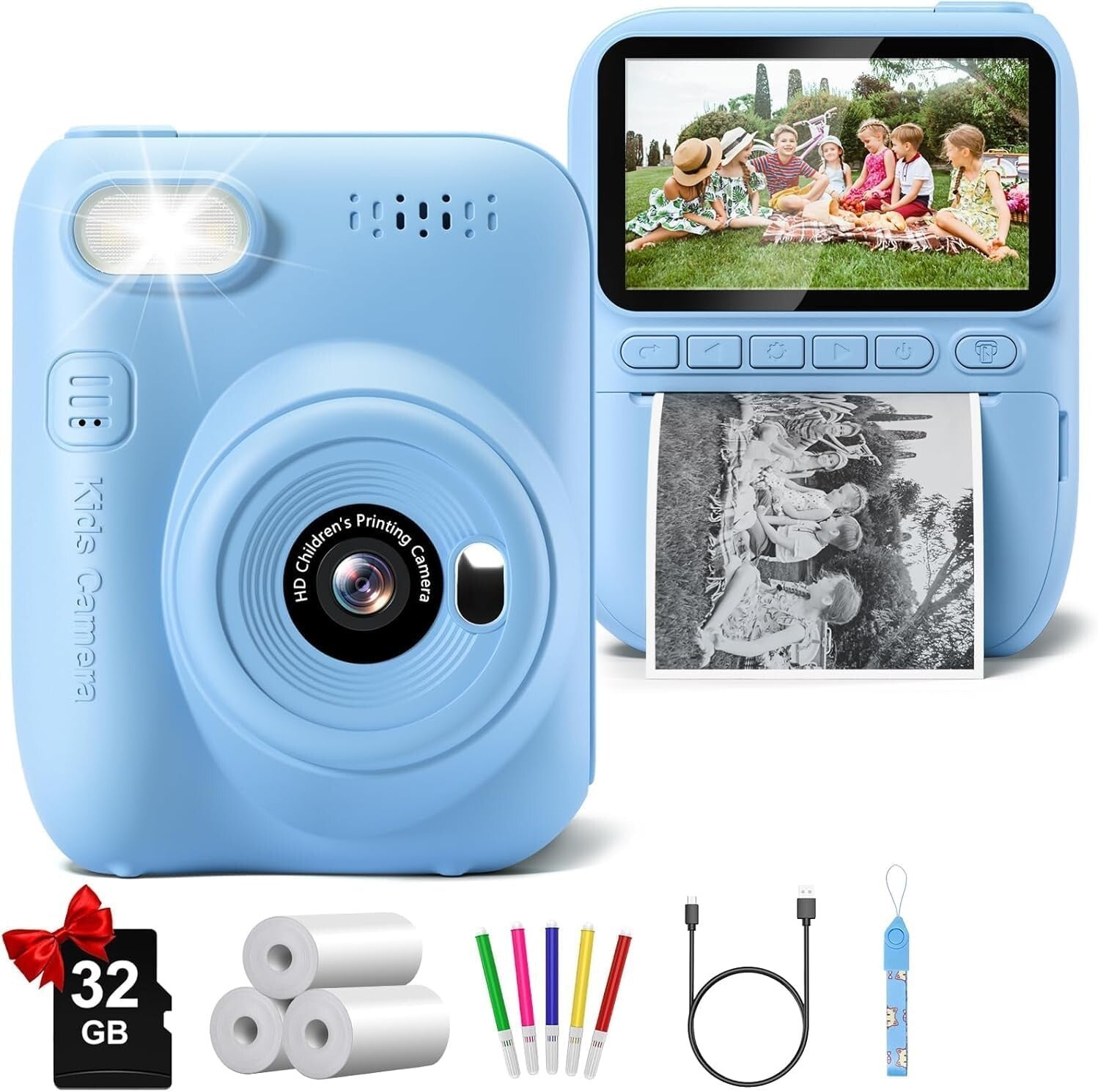 Exciting Instant Print Kids Camera with Built-in Flash & Color Pencils - Blue