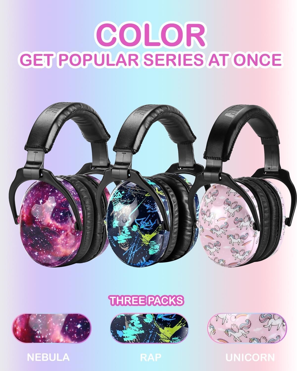 Adjustable Noise Cancelling Earmuffs for Kids - 3 Pack with Bright Designs