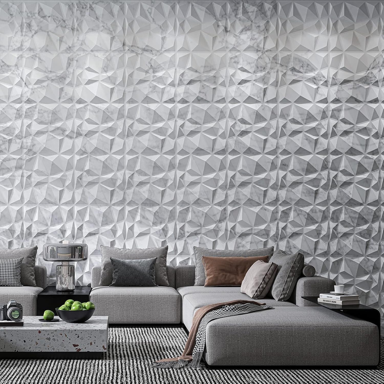 Diamond Design 3D PVC Wall Panels - Glossy White Marble for Elegant Interiors
