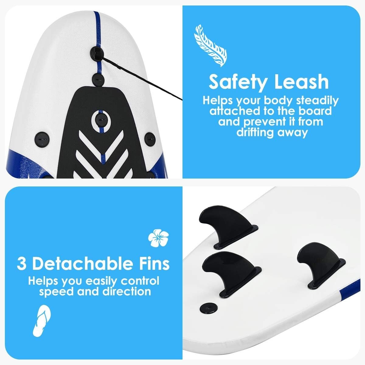 6 Ft Lightweight Surfboard with 3 Detachable Fins for Safe Water Adventures