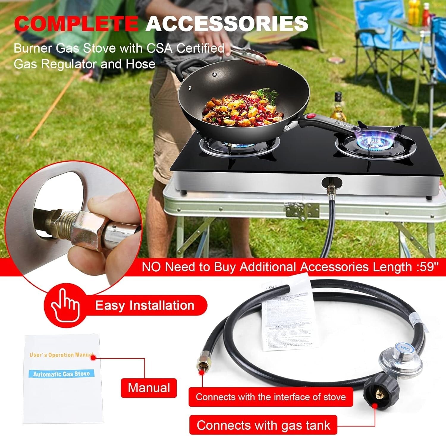 Tempered Glass 2 Burner Gas Stove with Auto Ignition - Perfect for Camping