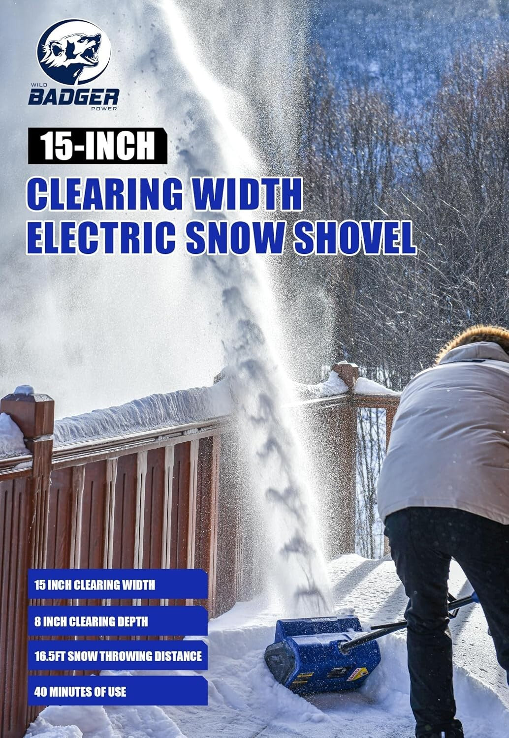 40V Electric Snow Shovel with 15" Width - Lightweight & Powerful for Heavy Snow