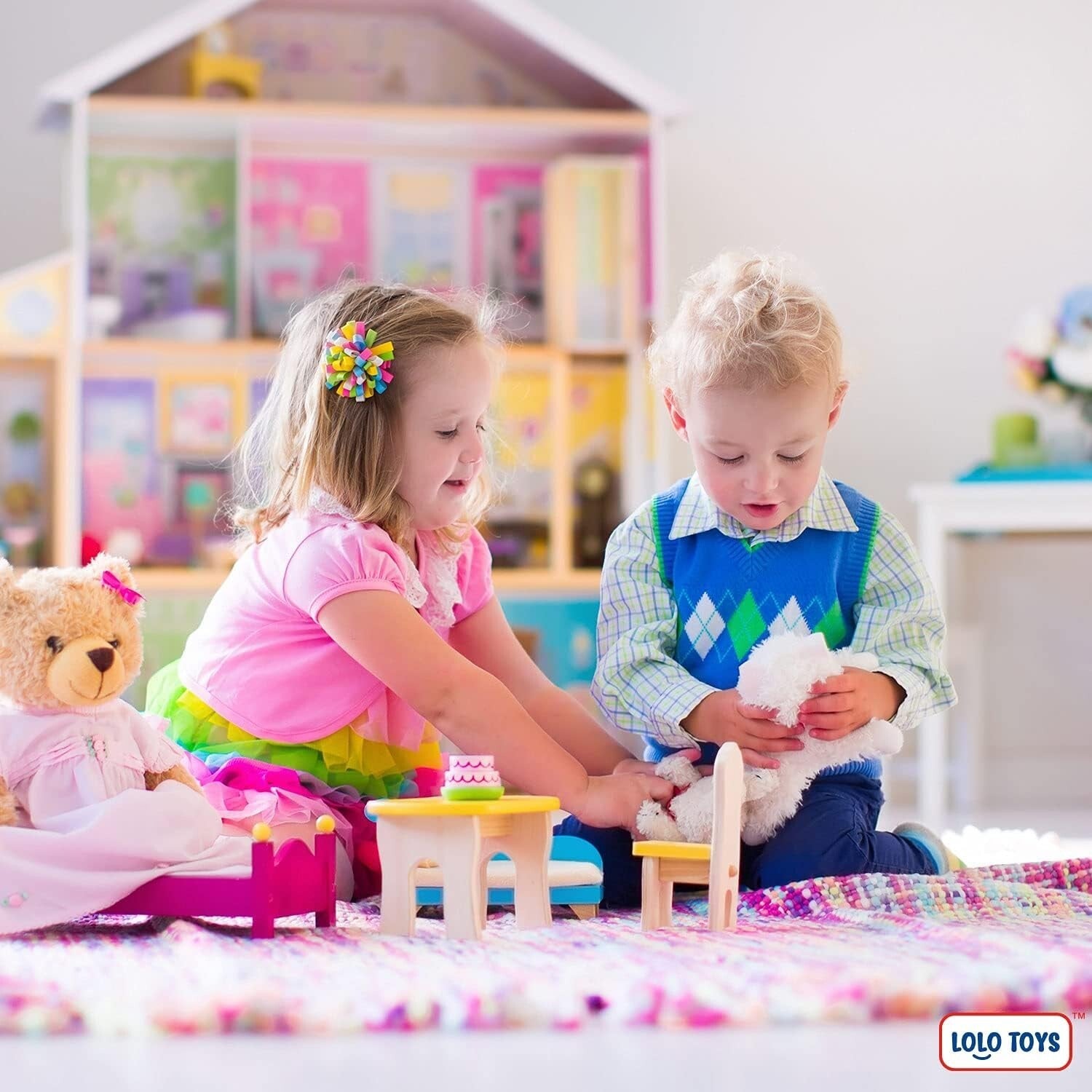 Wooden Dollhouse Furniture Set – 49PCS, 7 Rooms for Kids’ Creative Adventures